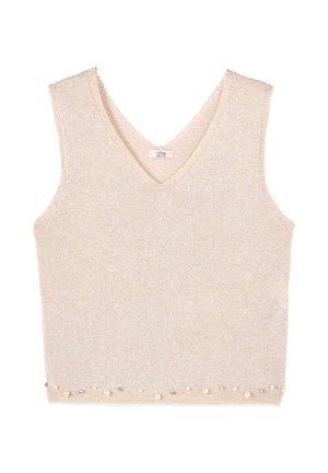 Beżowa dzianinowa kamizelka bez rękawów z dekoltem w szpic oraz małymi perełkami i ozdobami z kamieni szlachetnych wzdłuż dolnego brzegu.