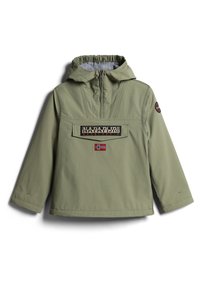 Oliwkowy sweatshirt z kapturem, elastycznymi mankietami, przednią kieszenią i naszywką z napisem "Napapijri" oraz flagą Norwegii. Gładka faktura materiału.