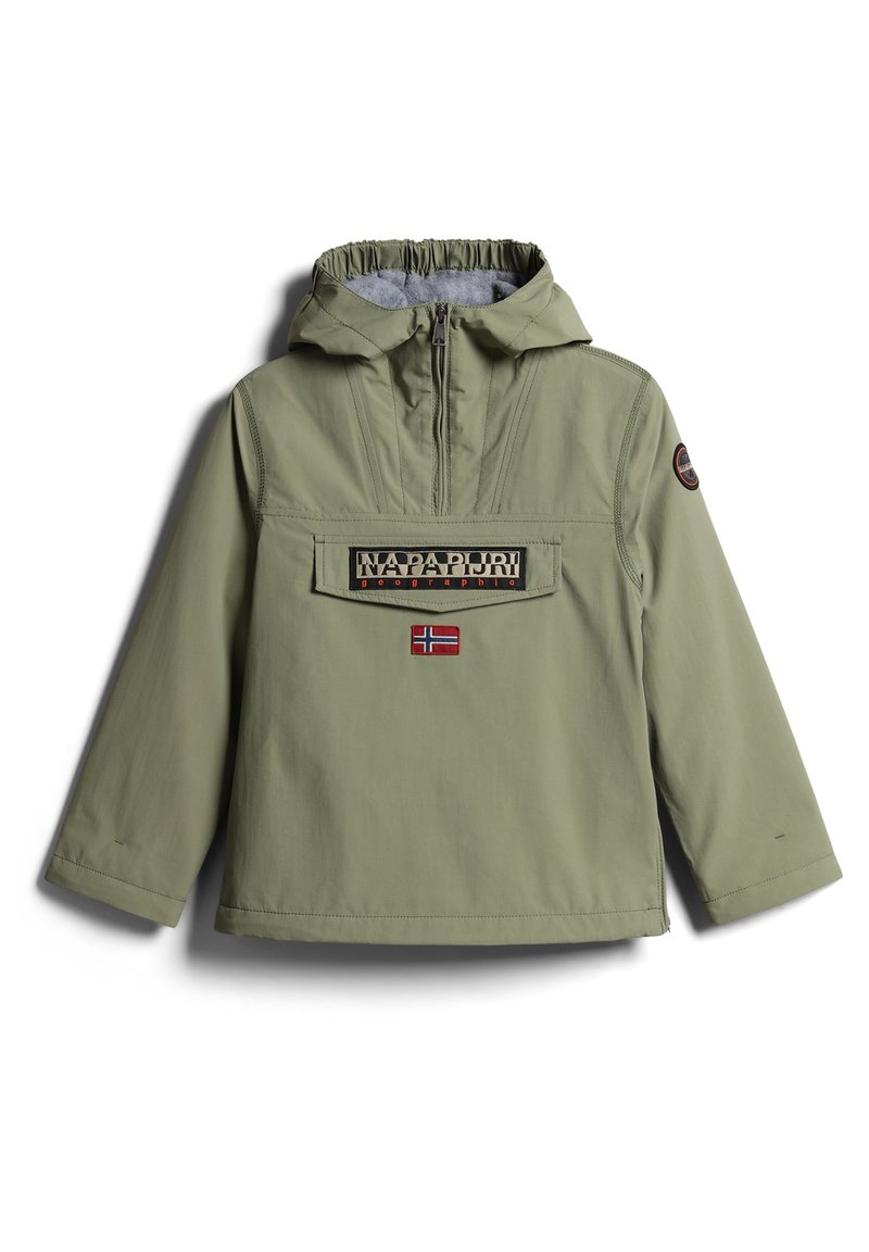 Oliwkowy sweatshirt z kapturem, elastycznymi mankietami, przednią kieszenią i naszywką z napisem "Napapijri" oraz flagą Norwegii. Gładka faktura materiału.