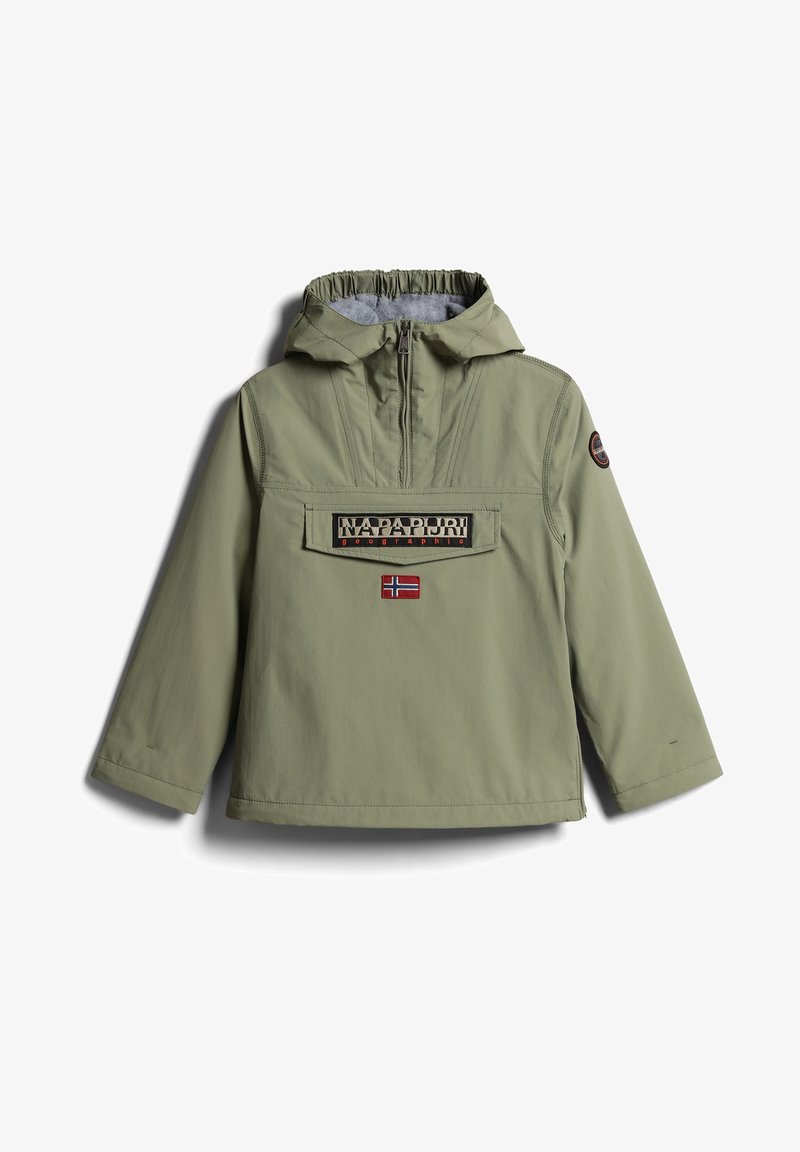Oliwkowy sweatshirt z kapturem, elastycznymi mankietami, przednią kieszenią i naszywką z napisem "Napapijri" oraz flagą Norwegii. Gładka faktura materiału.