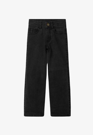 Zwarte rechte jeans met voorzakken, riemlussen en een gouden knoopsluiting in de taille.
