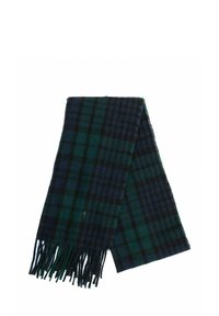 Wełniany szalik w ciemnozieloną i granatową kratę z czarnymi akcentami, wykończony frędzlami dla dodatkowej tekstury.