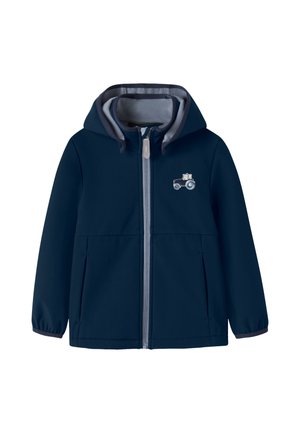 Veste à capuche enfant bleu marine avec fermeture éclair et doublure grises, poignets élastiques, poches avant et petite broderie de tracteur sur la poitrine.
