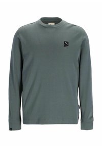Langärmliges Shirt in gedämpftem Grün, aus glattem Stoff. Mit kleinem schwarzem Logo auf der Brust, Rundhalsausschnitt und taillierten Bündchen.