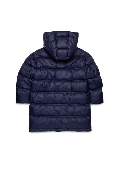 Chaqueta acolchada de color azul marino con capucha, que presenta un diseño acolchado y mangas cortas. El material tiene un acabado suave y brillante.