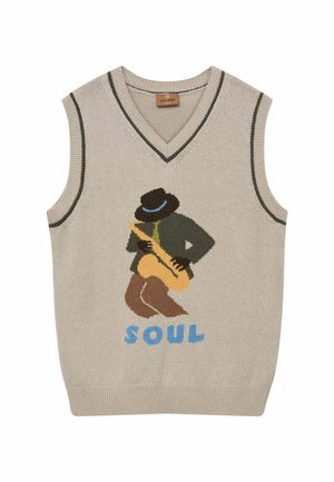 Beige knitted sleeveless sweater vest with a V-neck, showing a playing saxophone figure and the word "SOUL" in blue below.