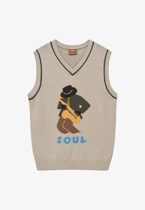 Gilet sans manches beige en tricot avec un col en V, illustrant une figure jouant du saxophone et le mot "SOUL" en bleu en dessous.
