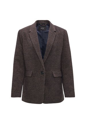 Brown houndstooth patterned blazer made of textured fabric, featuring a single button closure, notch lapels, and two front pockets.