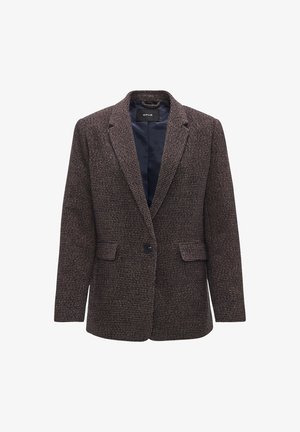Bruine houndstooth-gepatroneerde blazer van tekstiel, met een enkele knoopsluiting, notch revers en twee voorzakken.