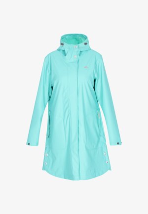 Svetlo modra vodoodporna jakna z visokim ovratnikom, pritisnimi gumbi, dvema stranskima žepoma in logotipom na prsih. Gladek, mat videz.