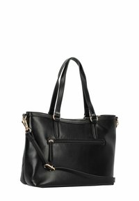 Borsa a tracolla nera in pelle con doppi manici superiori e una tracolla rimovibile. Presenta una tasca frontale con zip e dettagli in metallo dorato.