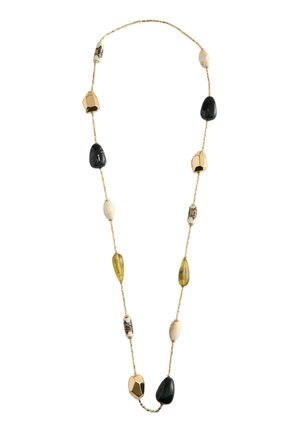 Goldkette mit unregelmäßigen schwarzen, weißen, goldenen, bernsteinfarbenen und gemusterten Perlen, die gleichmäßig entlang der Länge verteilt sind.