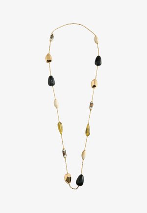 Goldkette mit unregelmäßigen schwarzen, weißen, goldenen, bernsteinfarbenen und gemusterten Perlen, die gleichmäßig entlang der Länge verteilt sind.