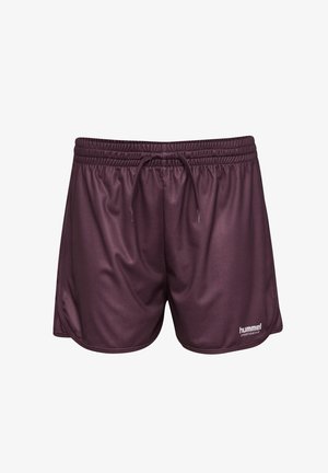 Burgundy træningsshorts lavet af glat, let stof. Har en elastisk talje med snøre og et lille logo på sømmen.