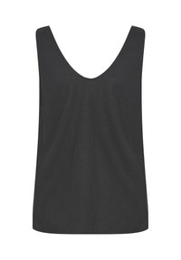 Schwarzes ärmelloses Tanktop mit tiefem Rundhalsausschnitt und geradem Saum, vor weißem Hintergrund dargestellt.