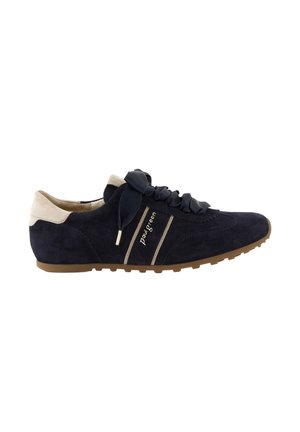 Navy suede sneaker with beige heel, textured rubber sole, satin ribbon laces, and "paul green" branding on side.