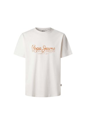 White cotton t-shirt featuring an orange print that reads "Pepe Jeans." Crew neck, short sleeves, and straight cut design.