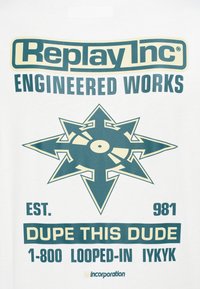 Λογότυπο Replay Inc και το κείμενο «Engineered Works» πάνω από μια αστέρι-σχηματισμένη γραφική αναπαράσταση με βέλη, το κείμενο «Dupe This Dude» και «1-800 Looped-In IYKYK».