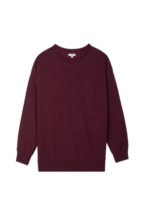 Ciemnofioletowy sweatshirt z długim rękawem i okrągłym dekoltem, z prążkowanymi mankietami i dołem, wyeksponowany na białym tle.