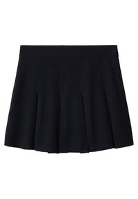 Gonna mini nera a pieghe con una vita aderente, tessuto liscio e pieghe strutturate uniformemente distribuite attorno alla gonna.