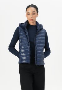 Navy puffer vest with a zip front and hood. Features horizontal quilted design, shiny texture, and a small logo on the chest.