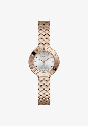 Orologio color oro rosato con bracciale intrecciato testurizzato, quadrante rotondo, dial bianco con motivo, e dettagli del logo. Presenta quattro indicatori in diamante.