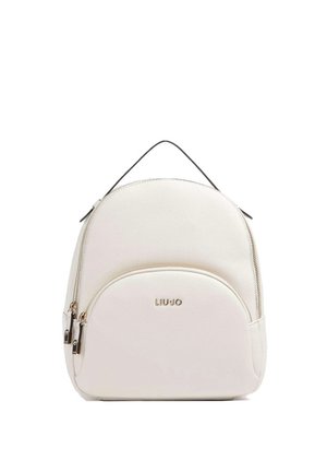 Zaino compatto bianco Liu Jo con tasca frontale con cerniera, dettagli in metallo dorato e manico singolo superiore.