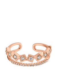Rosa gullring med et lagdelt design, med runde og hjerteformede klare krystaller langs en teksturert ring. Åpen stil.