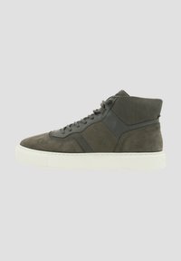 Leather high-top sneaker in dark gray with a textured finish, featuring a light-colored rubber sole and tonal lace-up front.