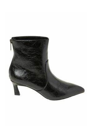 Black leather ankle boot with a pointed toe, textured finish, and a short block heel. Side zipper detail for easy wear.