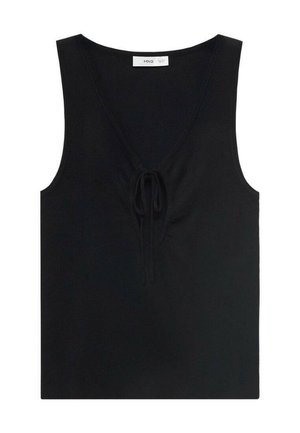 Top negru fără mâneci, cu un decolteu adânc în V, detaliu cu fundiță în față și textură cu nervuri, fabricat dintr-un material moale.