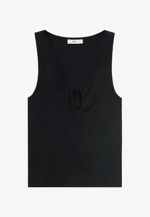 Crni bezrukavni top s dubokim V-izrezom, detaljem vezanja sprijeda i rebrastom teksturom, izrađen od mekog materijala.