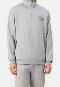 Sweat-shirt gris à demi-fermeture éclair, fabriqué en matériau doux, avec un col et des poignets côtelés, et un détail subtil du logo sur la poitrine.
