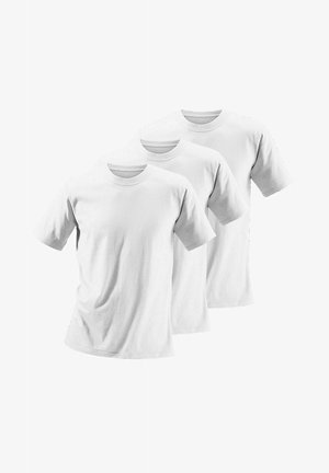 Drei weiße Baumwoll-T-Shirts mit kurzen Ärmeln und Rundhalsausschnitten, die eine glatte Textur aufweisen und keine sichtbaren Muster oder Akzente haben.
