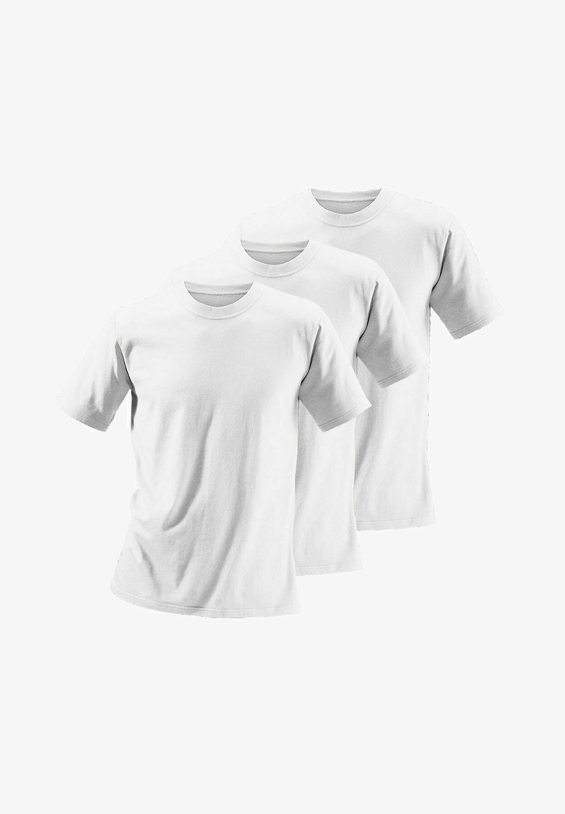 Tres camisetas de algodón blancas con mangas cortas y cuellos redondos, que presentan una textura suave y sin patrones ni acentos visibles.