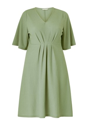 Kortærmet, v-hals kjole i struktureret lysegrønt stof, med indsnævret talje og flydende A-formet nederdel. Ingen yderligere pynt.