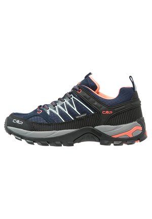 Waterproof hiking shoes with a dark blue textile upper, gray accents, and orange detailing; featured rubber sole with pronounced tread pattern.