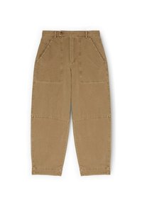 Chinos caqui con un corte relajado, grandes bolsillos frontales y una textura de algodón suave. Tienen costuras planas y un diseño sutilmente cosido.