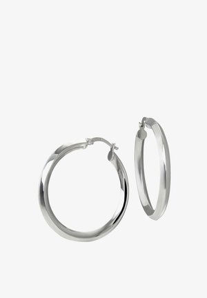 Silver hoop earrings with a smooth, polished finish, featuring a curved shape and secure clasp. Reflective, lightweight design.