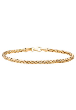 Goldener geflochtener Armreif mit glatter Oberfläche, ausgestattet mit einem sicheren Karabinerverschluss und einem zarten Design für vielseitiges Tragen.