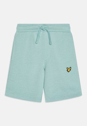 Hellblaue Baumwollshorts mit Kordelzugbund, Seitentaschen und einem schwarz-gelben Schmetterlingslogo auf der linken Seite.