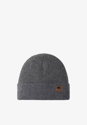 Gray knit beanie with a ribbed texture and a folded cuff. Features a small brown leather tag with a bison logo on the front.