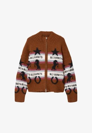 Bruine gebreide trui met ritssluiting en geribbelde kraag, met zwarte sterren, hoefijzers, steigende paarden en de tekst "ALLSAINTS" in strepen.