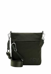 Olive green nylon crossbody bag with textured surface, adjustable strap, silver hardware, and front zip pocket. Features logo detail.