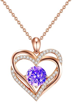 Herzförmiger Anhänger aus Roségold mit einem zentralen lila Stein, umgeben von klaren Kristallen an den Rändern; beinhaltet eine filigrane Kette.