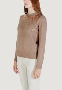 Maglione marrone lavorato a maglia con collo rotondo, caratterizzato da una sfumatura di paillettes metalliche sul petto. Polsini e orlo a costine.