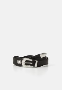 Black leather belt with a silver metal buckle, featuring a decorative circular hardware accent and a smooth texture.