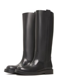 Bottes hautes jusqu'aux genoux en cuir noir à finition lisse, bout arrondi, détails de couture subtils et languettes d'extraction en haut.