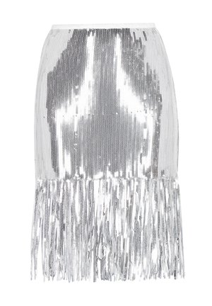 Srebrna spódnica z cekinowymi frędzlami o dopasowanym kroju. Posiada opadające frędzle przy krawędzi, tworzące fakturę i ruch.