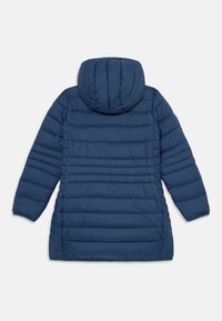 Tumedat sinine puffjakker, millel on kapuuts, tikanditud disain, pikad varrukad ja sirge lõige. Valmistatud pehmest, isoleerivast materjalist.